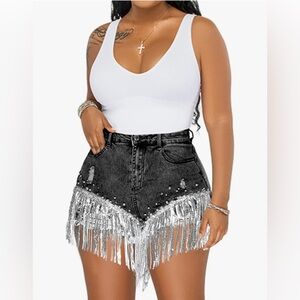 Black Bejeweled Denim Shorts